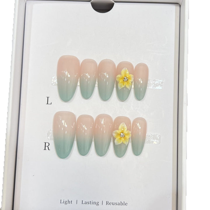 Elegant Ombre Press-On Nail Set with Floral Accents Bowlift