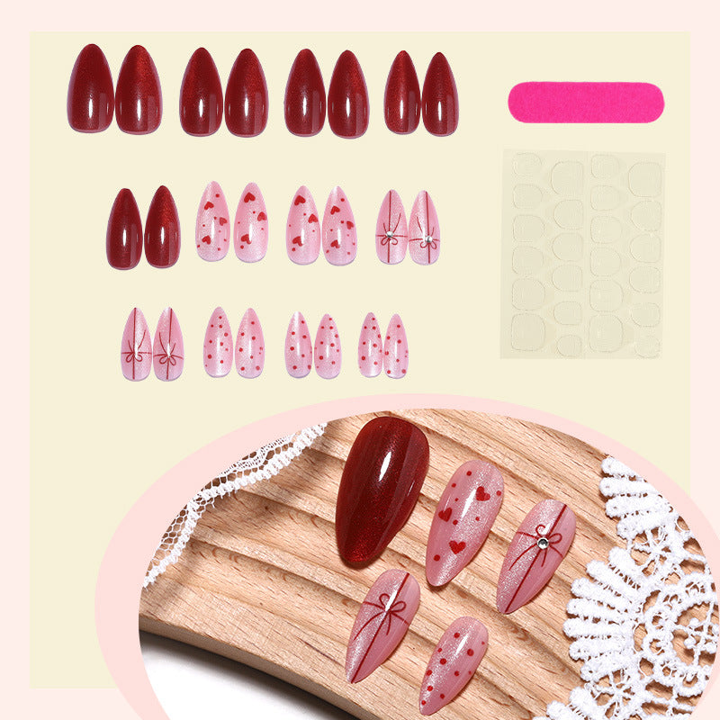 Decorative Press-On Nail Set with Heart and Bow Designs Bowlift