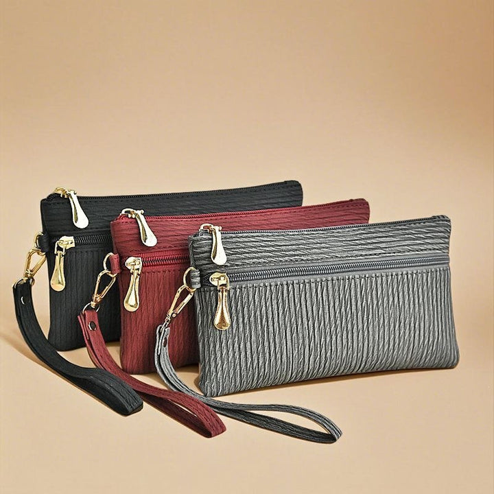 Textured Faux Leather Double-Zip Wristlet Clutch Bowlift