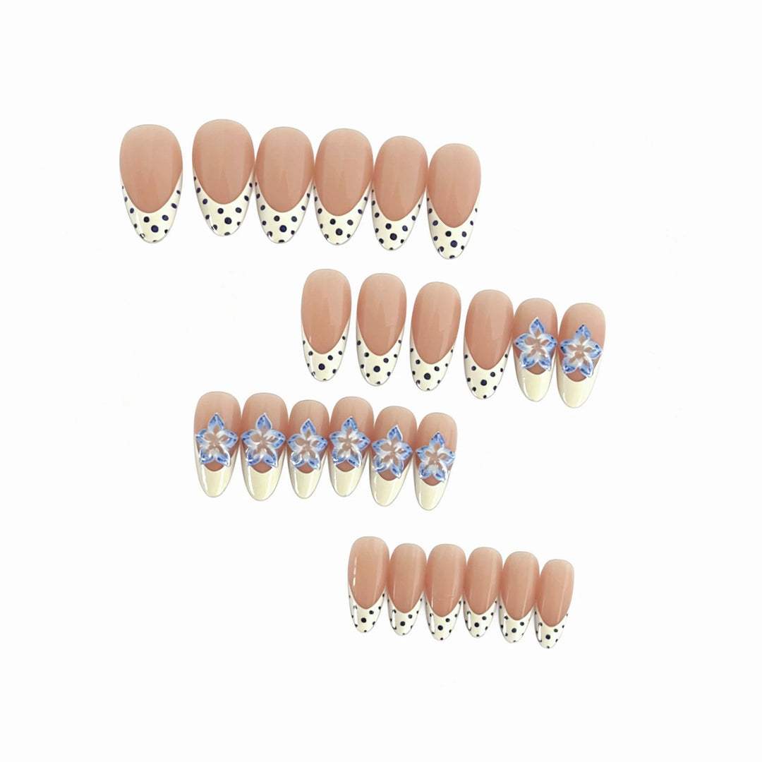 Artistic Press-On Nail Set with Floral and Polka Dot Design Bowlift