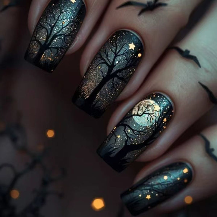 Creative Acrylic Nails with Midnight Forest Design Bowlift