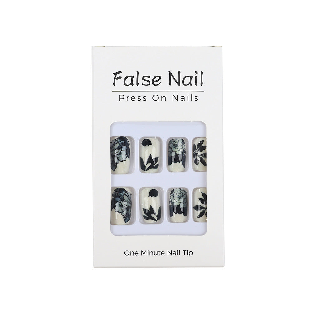 Artificial nails with floral black-and-white design Bowlift