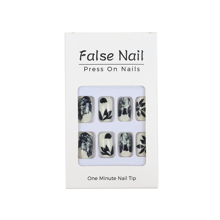 Artificial nails with floral black-and-white design Bowlift