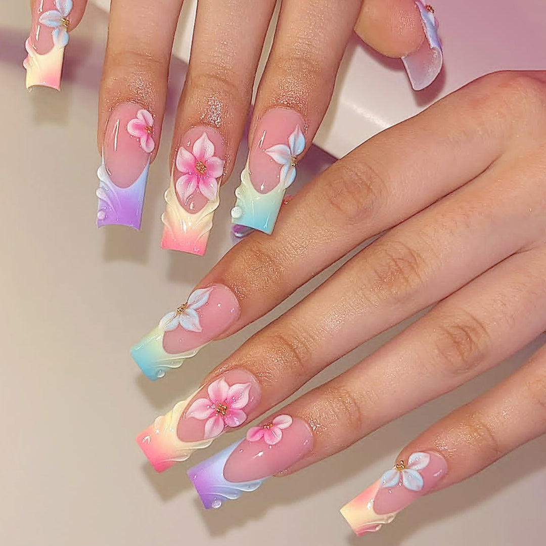 Artificial nail set with floral designs and elegant ombre effect Bowlift