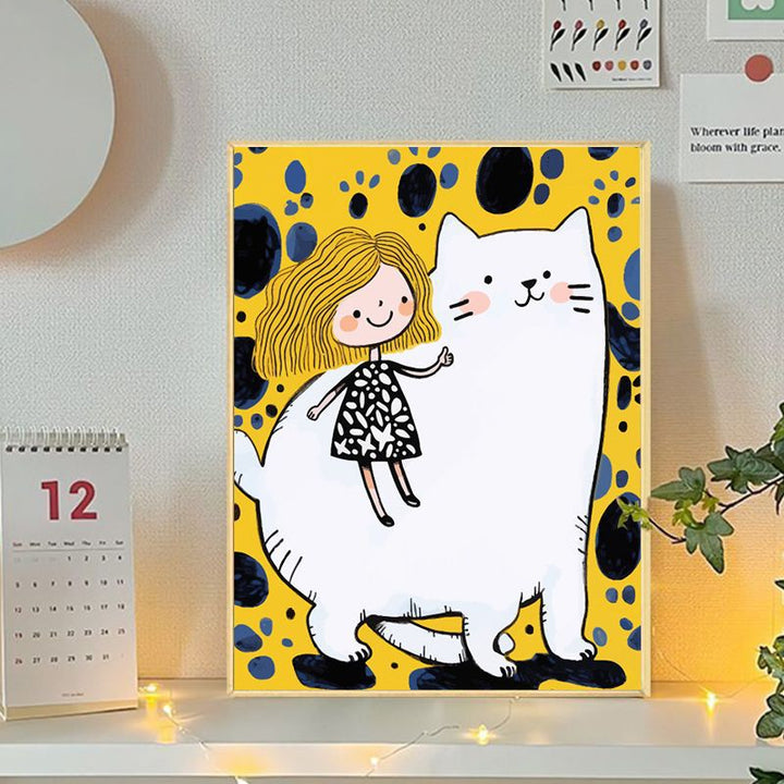 Playful Cat and Girl Illustration Canvas Art Bowlift