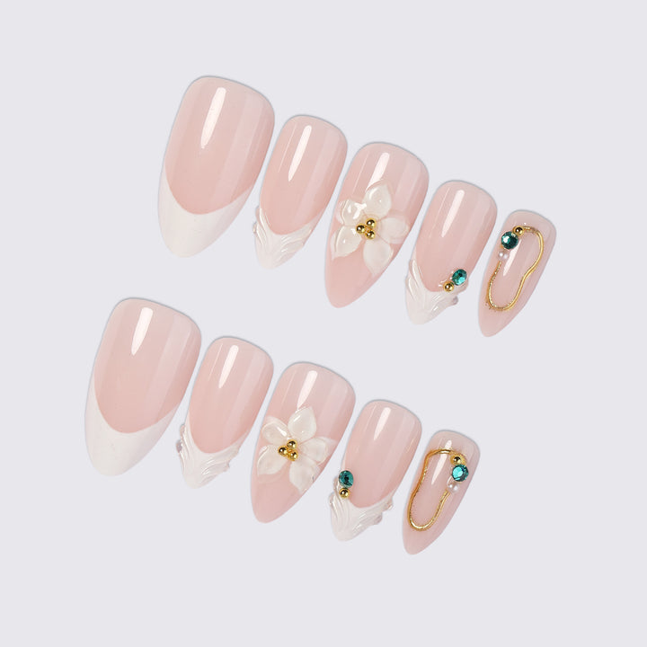 Acrylic nail set with elegant flower and rhinestone decorations Bowlift