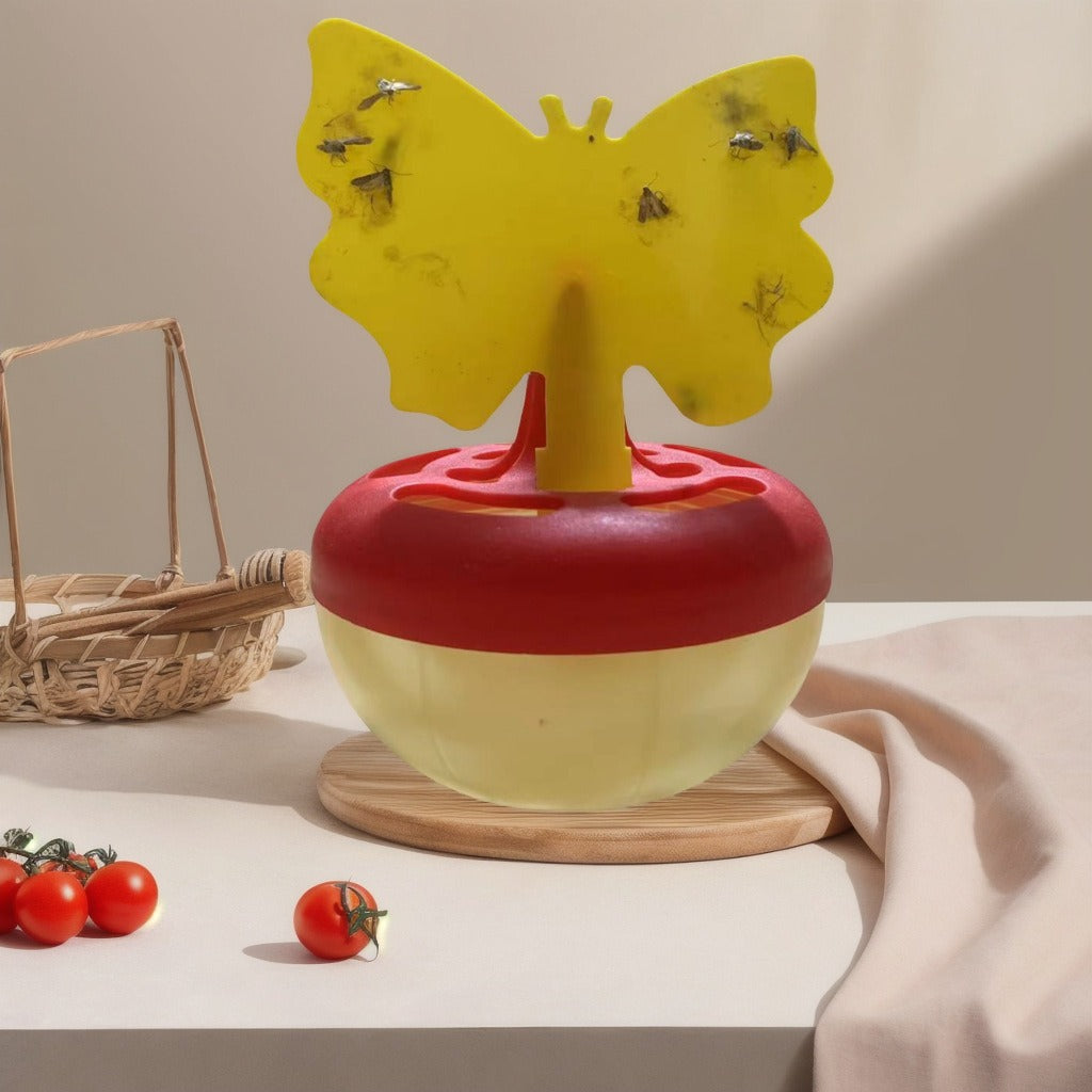 Butterfly-shaped sticky insect trap with refillable liquid reservoir and reusable base Bowlift
