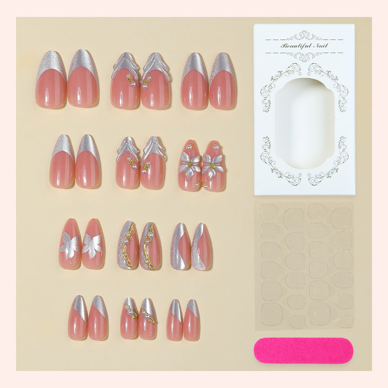 Premium Decorative Press-On Nail Set with Floral and Gem Accents Bowlift