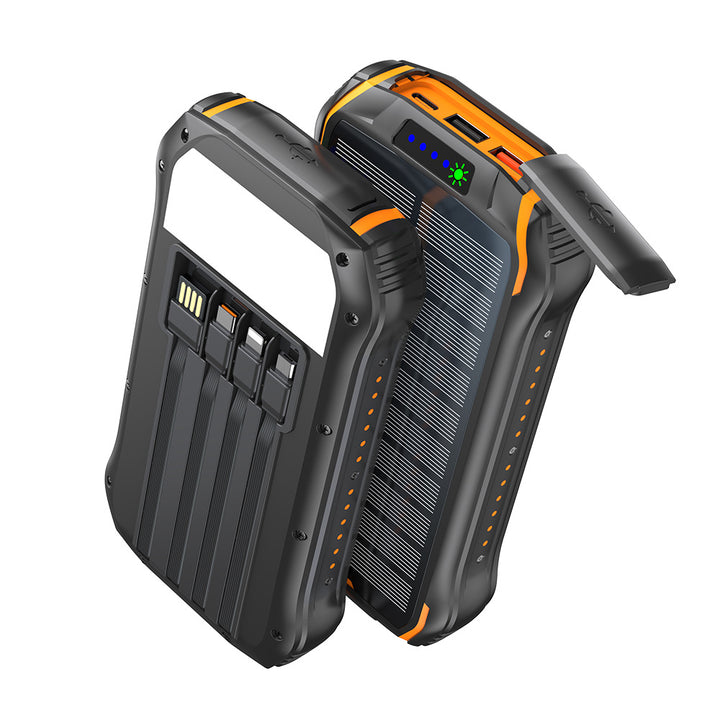 Portable solar power bank with multifunctional charging ports and robust housing Bowlift