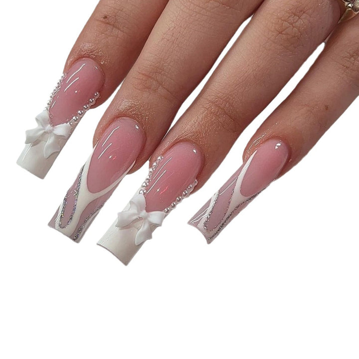 Decorative Long Coffin Nail Extensions with Bow Accents Bowlift