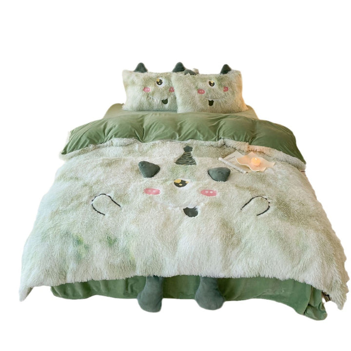 Plush bedding set with 3D monster appliqués and soft fleece