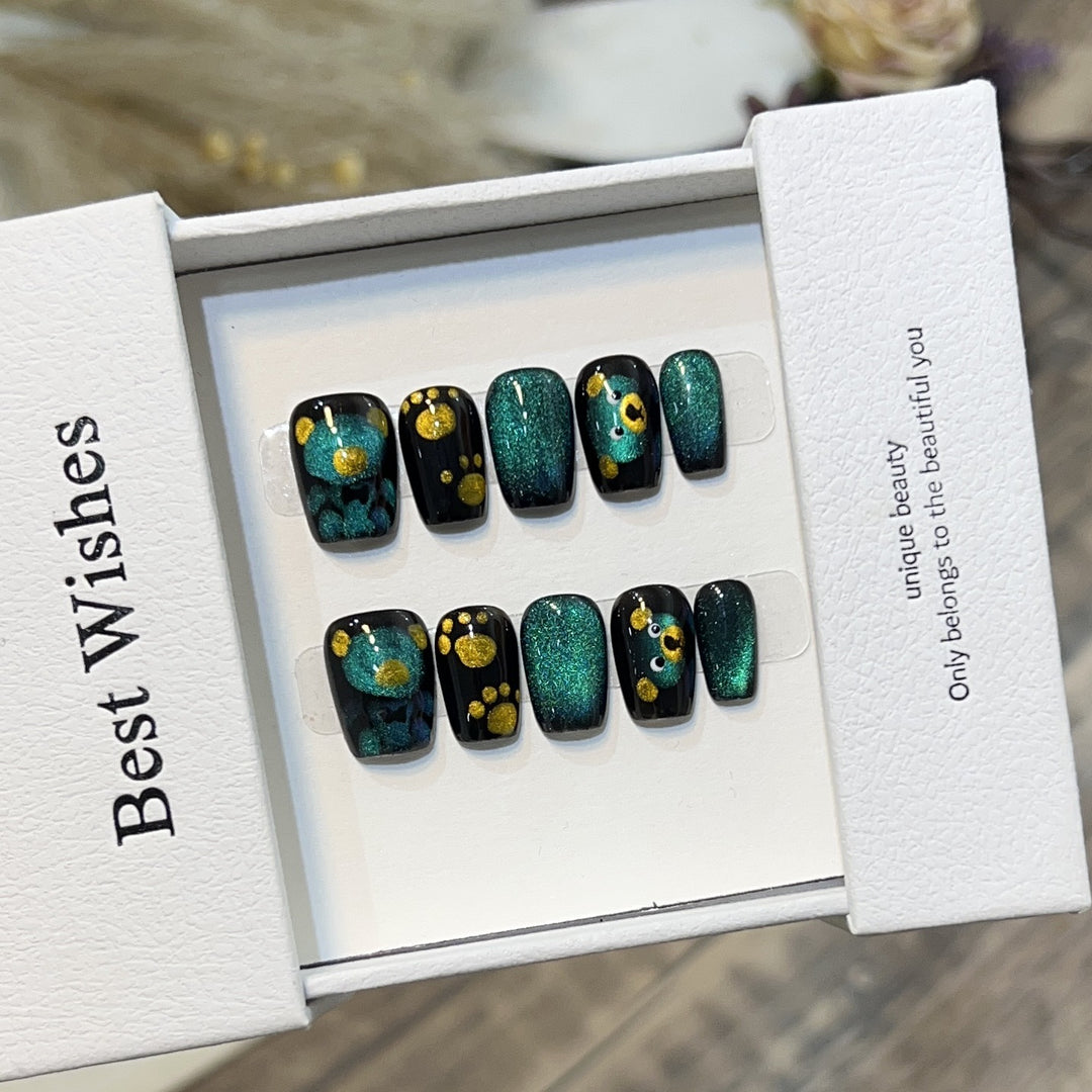 Artistic Press-On Nail Set with Playful Floral and Glitter Accents Bowlift