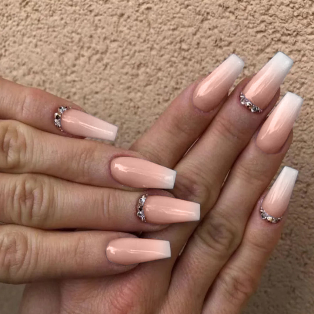 Artful Nail Extensions with Elegant Ombre Design and Rhinestone Accents Bowlift