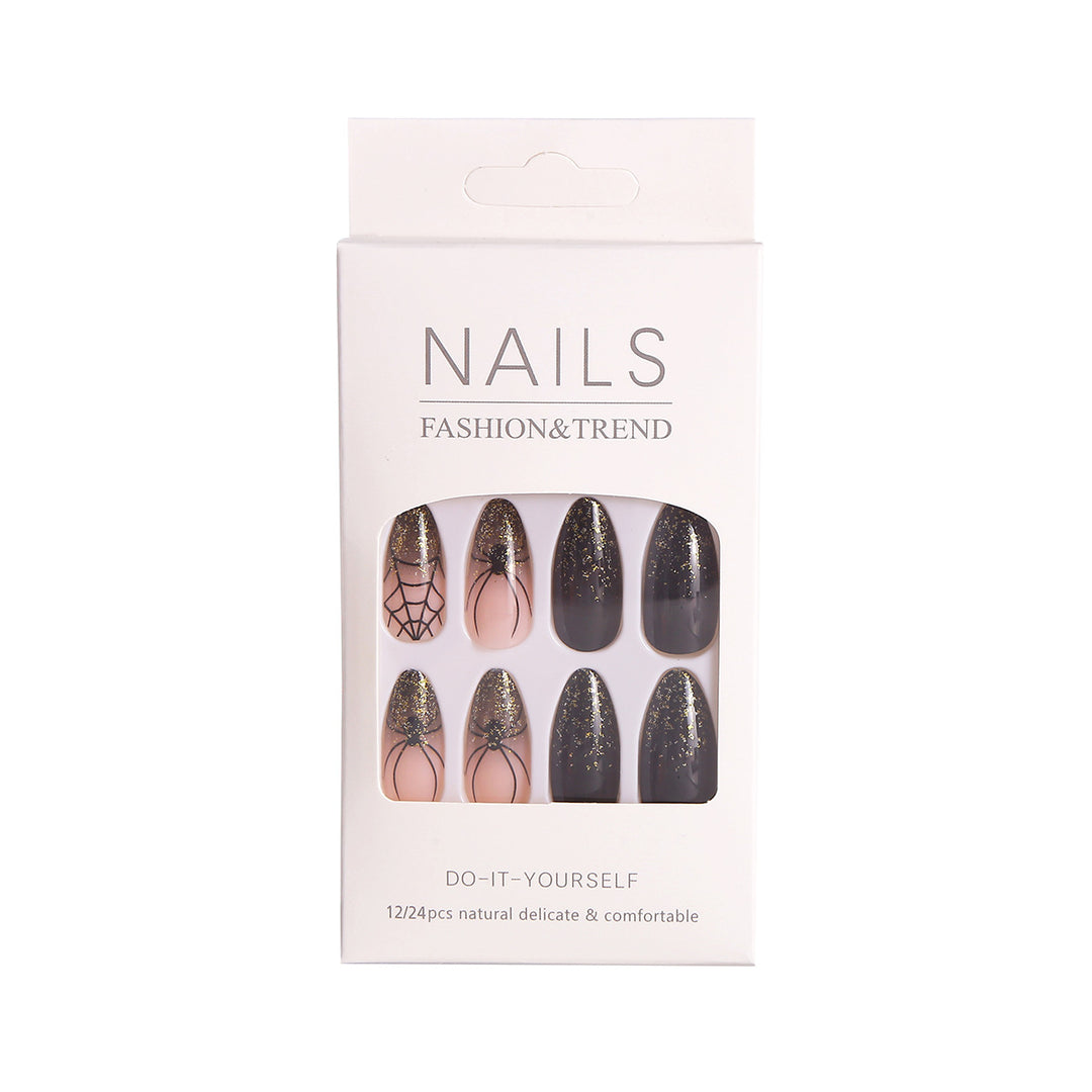 Artistic Press-On Nail Set with Glitter and Spider Web Design Bowlift