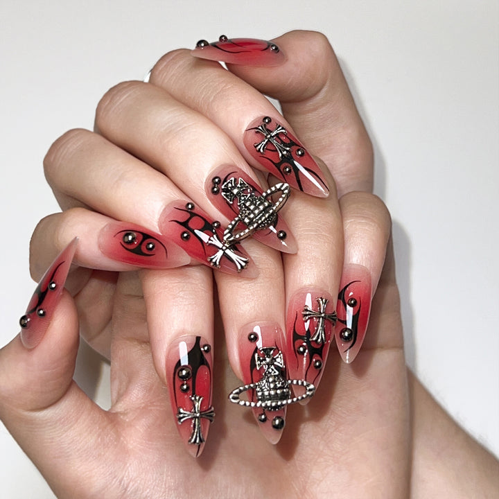Artistic artificial nails with unique designs and glitter accents Bowlift