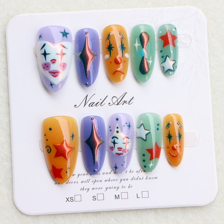 Whimsical Clown-Inspired Press-On Nail Art Set Bowlift