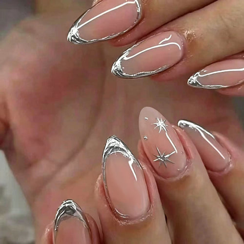 Shiny stiletto nails with elegant silver embellishment Bowlift