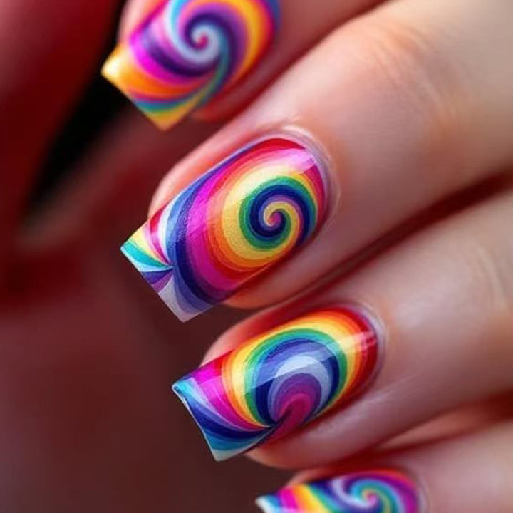 Creative nail art with colorful spiral pattern Bowlift