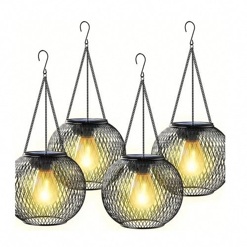 Solar Hanging Outdoor Lanterns With Vintage-Style LED Filament Bulb And Metal Cage Waterproof Suspension Bowlift