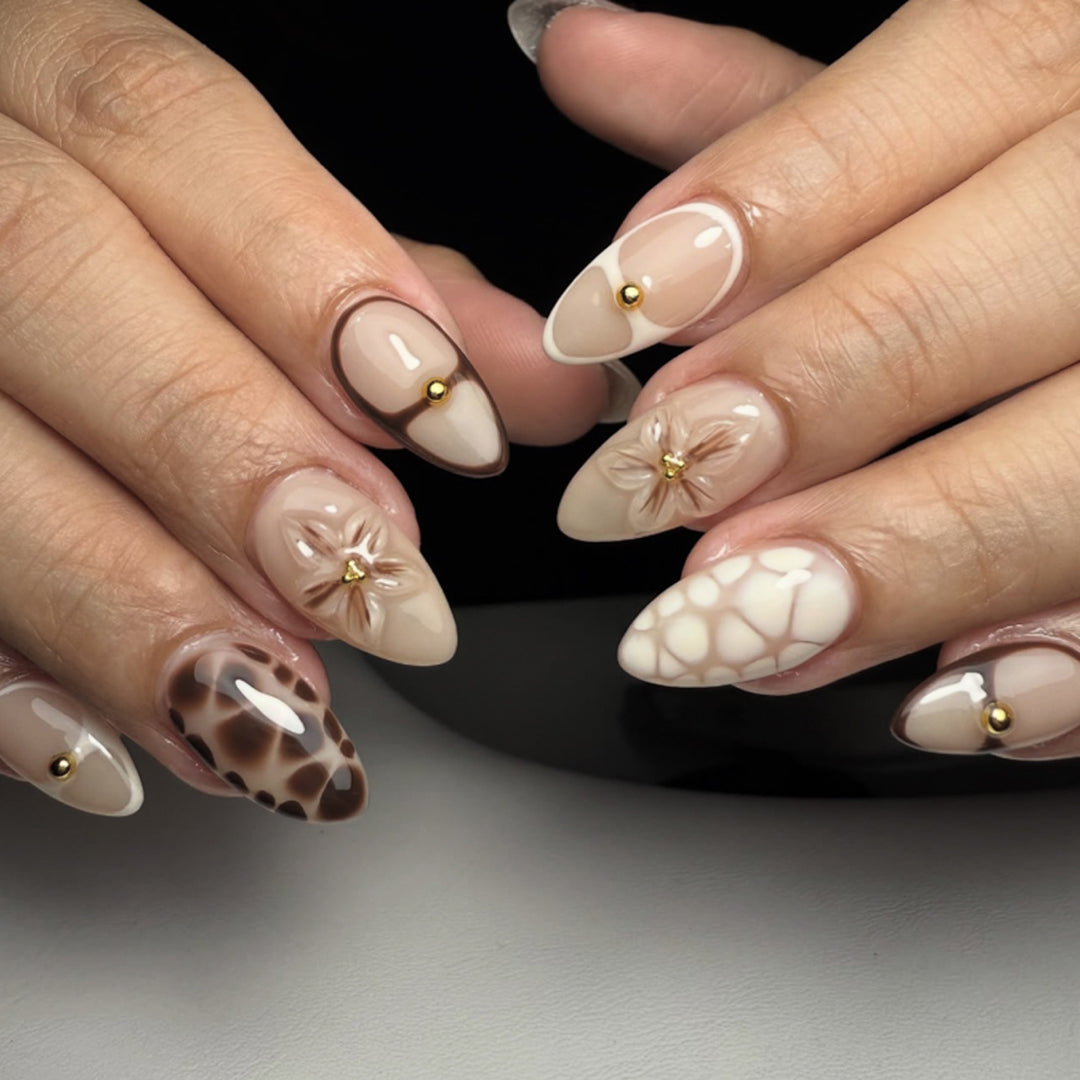 Artful Nail Extensions with Floral and Glitter Details Bowlift