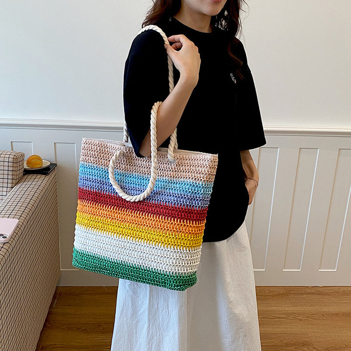 Striped Crochet Beach Tote with Rope Handles and Lined Interior Bowlift