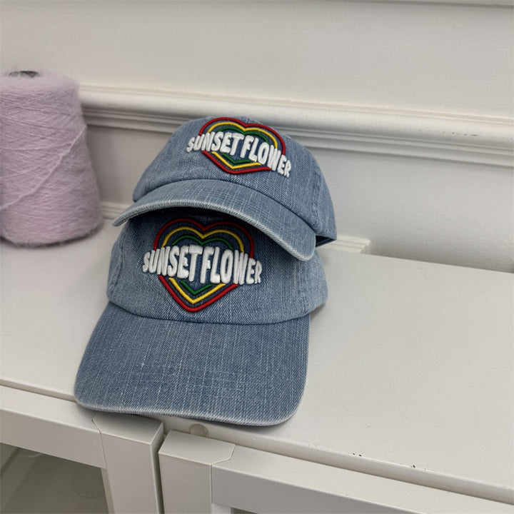 Women's Embroidered Heart Design Denim Baseball Cap Bowlift