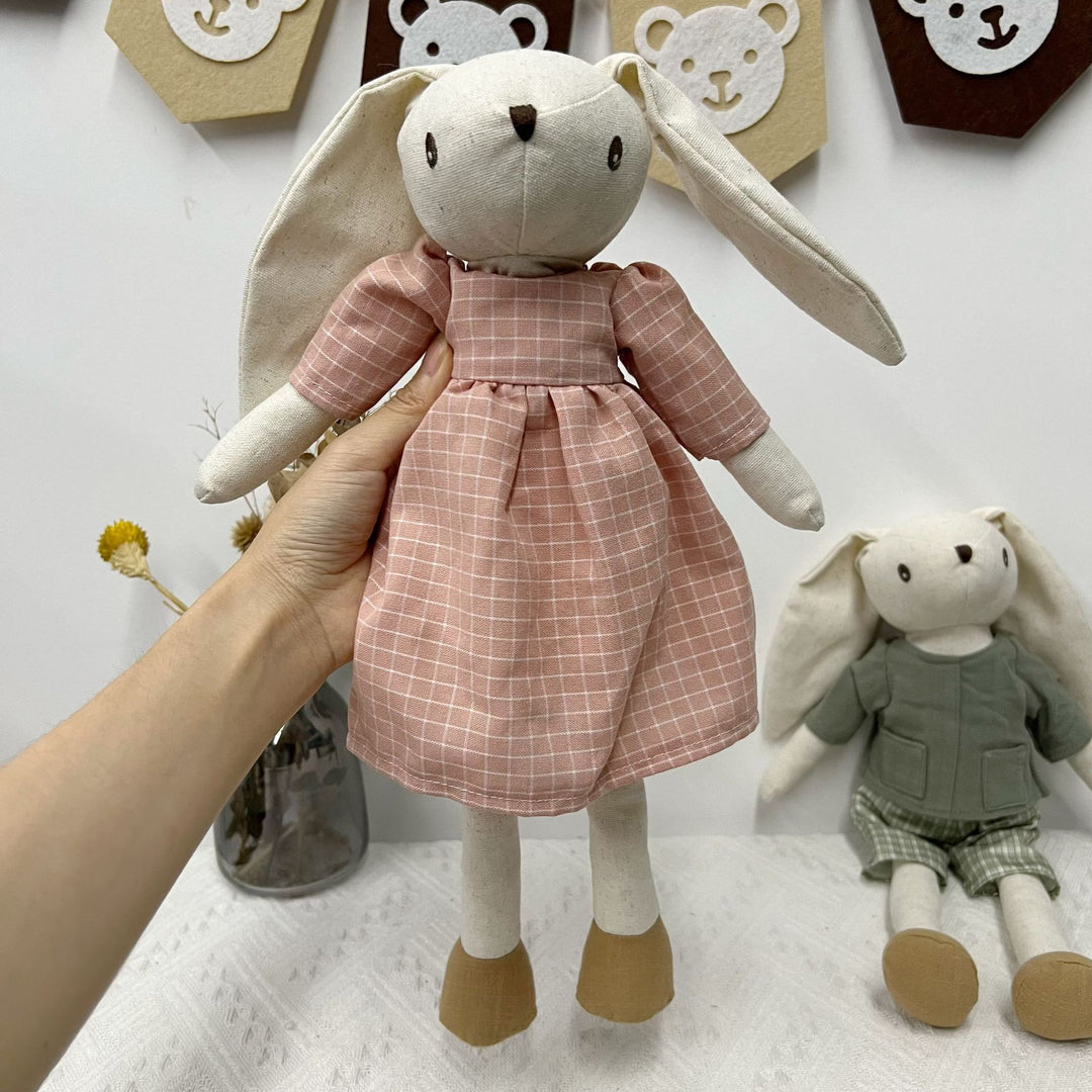 Handmade Linen Bunny Soft Cloth Doll with Embroidered Overalls