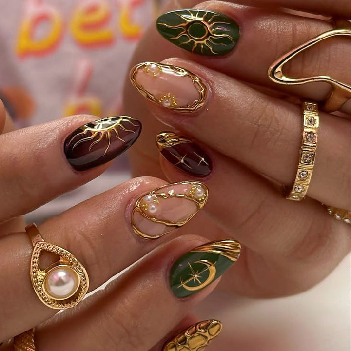 Artistic Gold-Embellished Nail Art