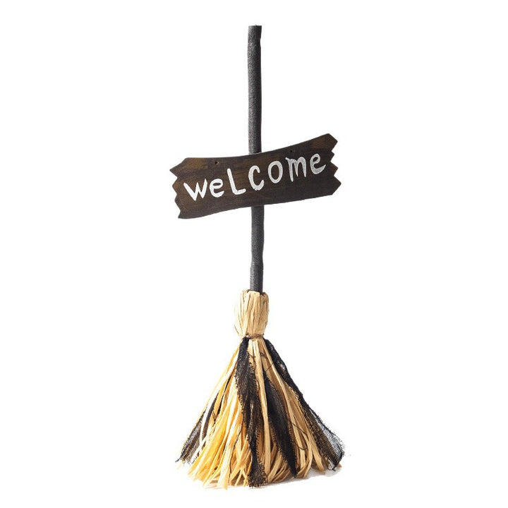 Halloween Welcome Decorative Broom with Rustic Welcome Sign Bowlift
