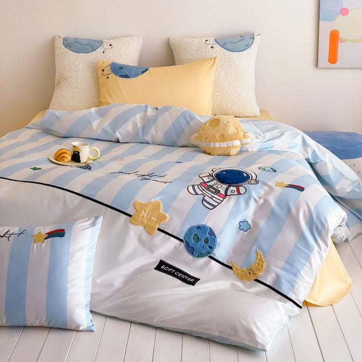 Space-Themed Striped Cotton Duvet Cover Bedding Set