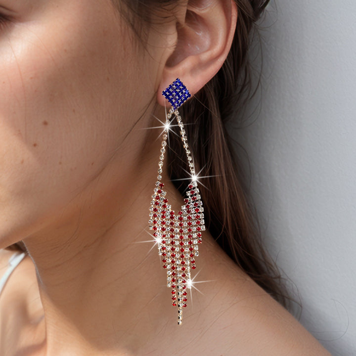 Ladies long sparkling crystal tassel earrings with geometric stud closure Bowlift
