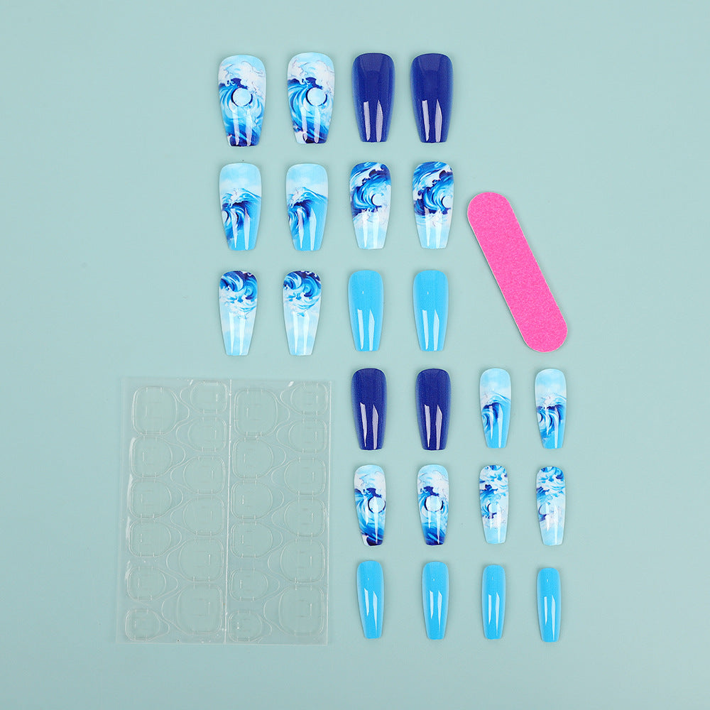 Artificial Nail Set with Maritime Wave Designs Bowlift