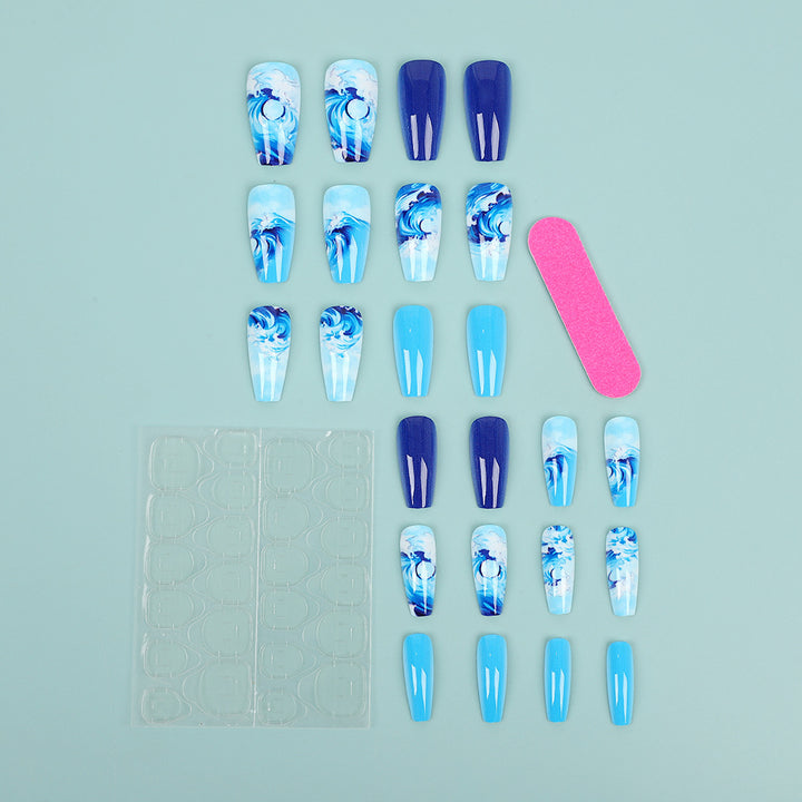 Artificial Nail Set with Maritime Wave Designs Bowlift