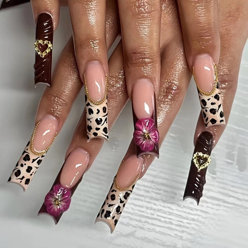 Artistic Leopard and Floral Press-On Nails Bowlift