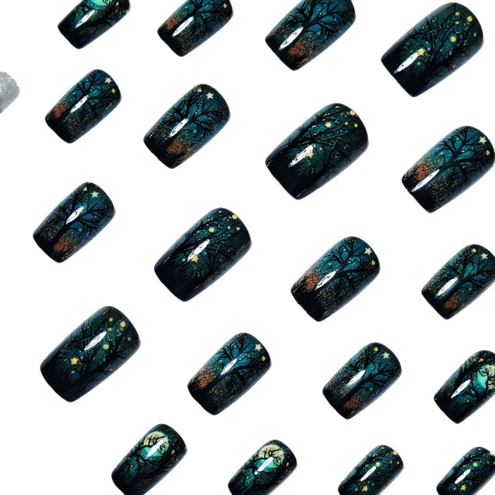 Creative Acrylic Nails with Midnight Forest Design Bowlift