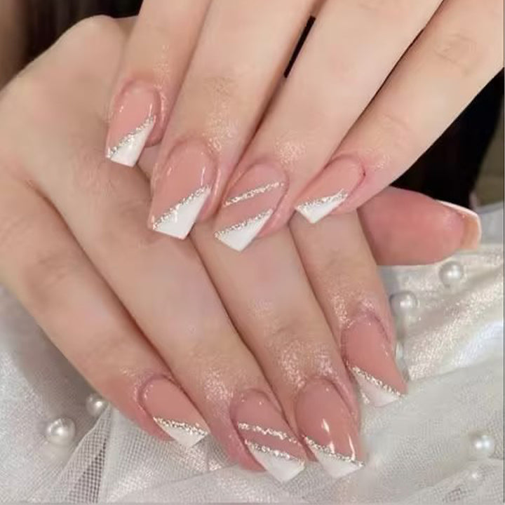 Elegant French Tip Stiletto Press-On Nails with Glitter Accents Bowlift