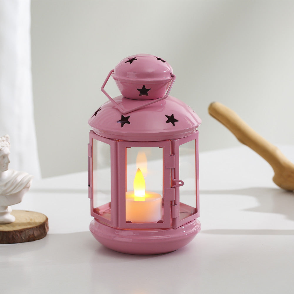 Decorative Star-Cut Glass Panel Metal Tea Light Lantern Bowlift