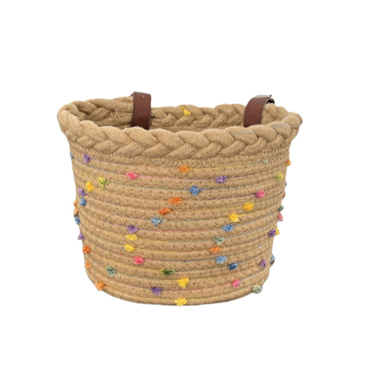 braided rope bike basket with pom pom embellishments and leather handlebar straps Bowlift