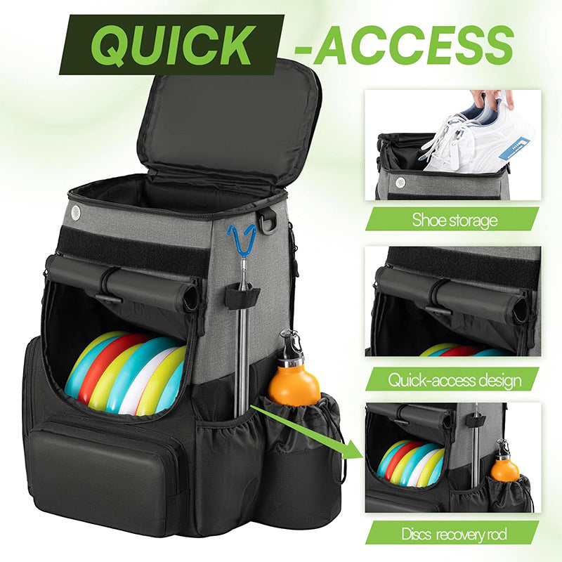 Unisex nan robust Disc Golf Backpack with padded disc compartment, side bottle holder, and multifunctional accessory pockets Bowlift