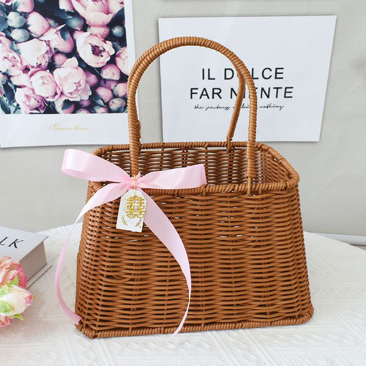 Chic Woven Handbag with Pearl Accent Bowlift