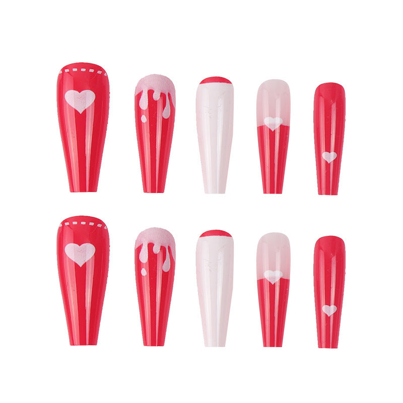 Artistic Long Stiletto Press-On Nails with Heart and Drip Design Bowlift