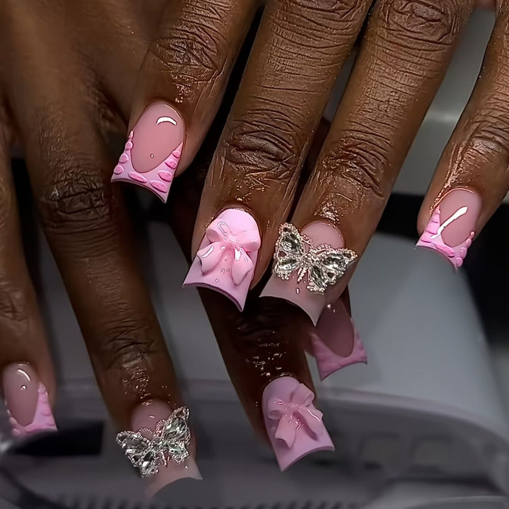 Decorative Press-On Nail Art Set with Butterfly and Bow Accents Bowlift