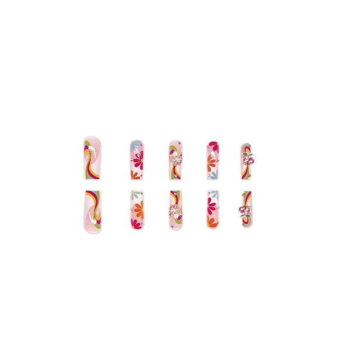 Artificial nails with colorful floral patterns and decorative accents Bowlift