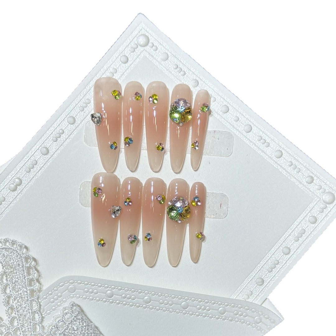 Glamorous Stiletto Press-On Nail Set with Colorful Gem Accents Bowlift