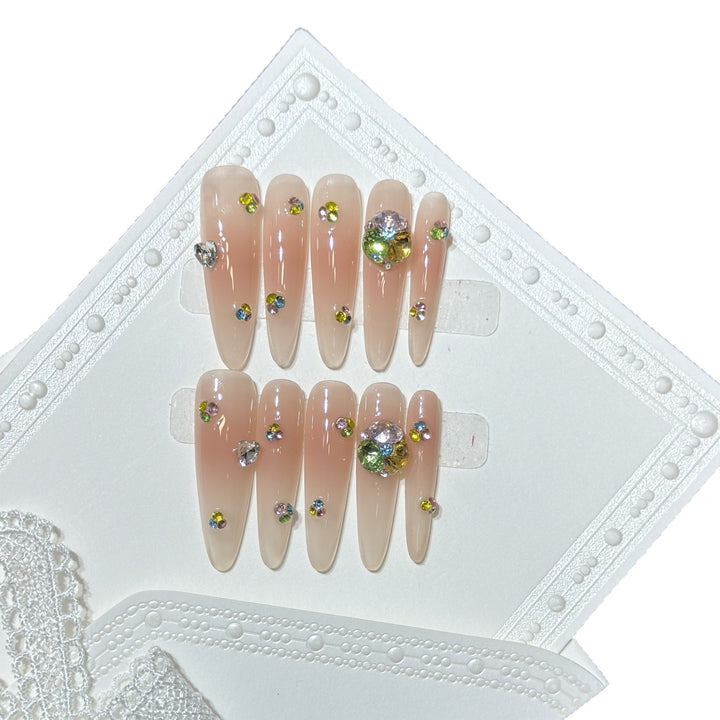 Glamorous Stiletto Press-On Nail Set with Colorful Gem Accents Bowlift
