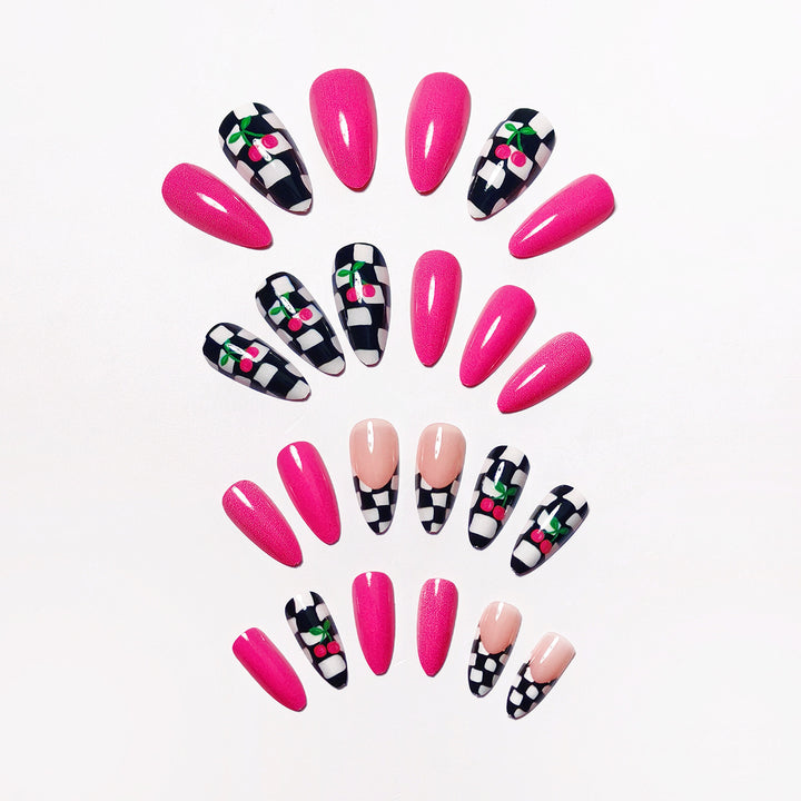 Creative Checkerboard and Cherry Nail Art Bowlift
