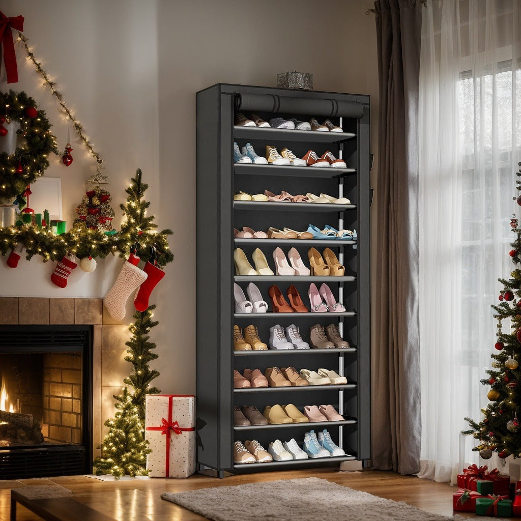 tall vertical shoe storage cabinet with roll-up protective cover and clear shelf panels Bowlift