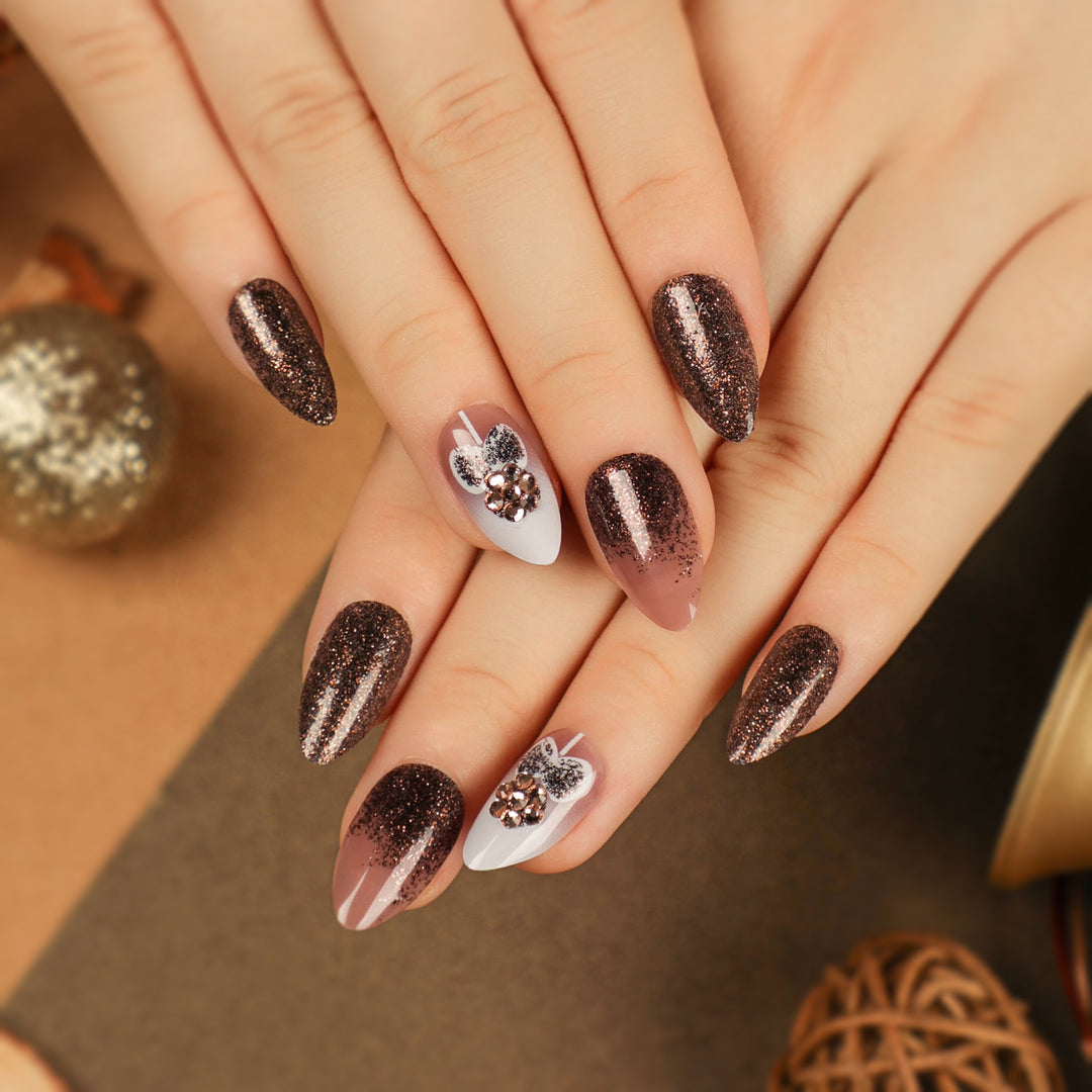 Artful Nail Extensions with Glitter and Heart Motif Bowlift