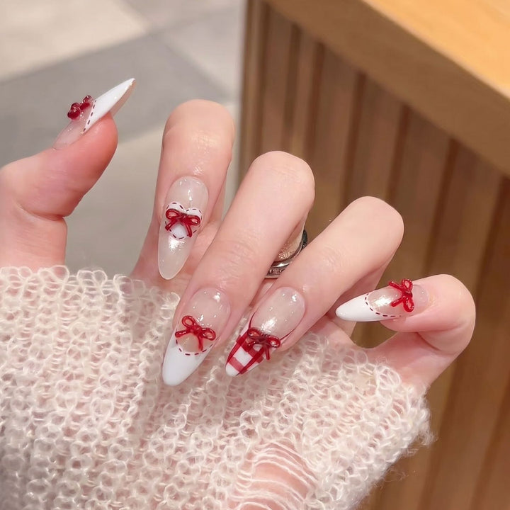 Decorative Stiletto Press-On Nail Set with Bow Accents Bowlift