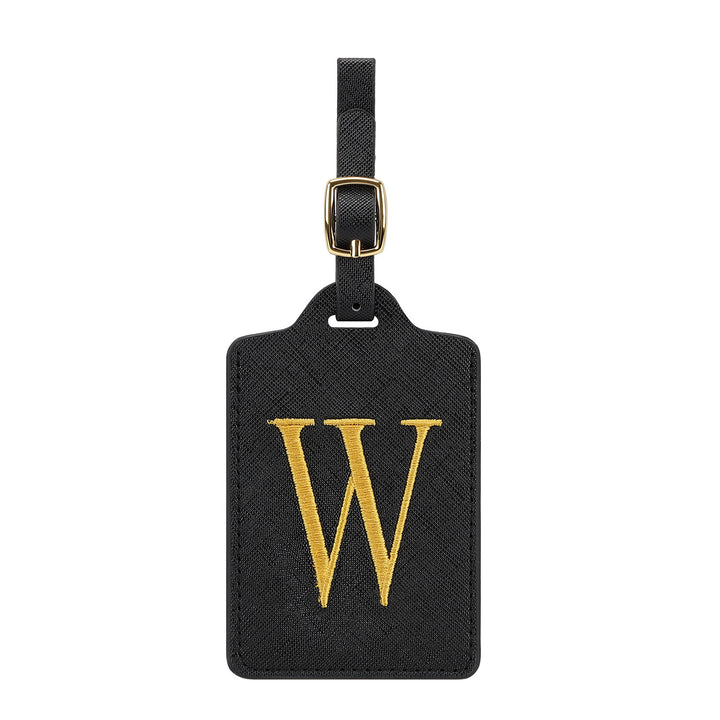 embroidered initial monogram leather luggage tag with adjustable buckle strap Bowlift